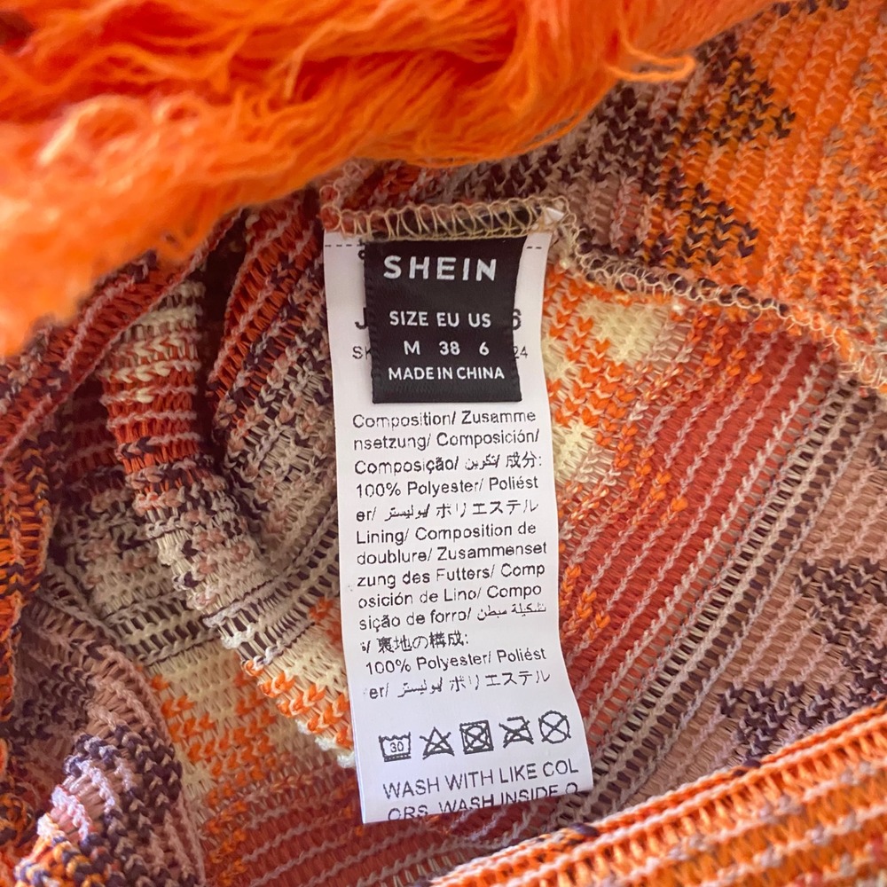 SHEIN Women Orange Geometric Knit Halter Midi Dress Fringe Hem Boho Size Medium - Picture 3 of 7